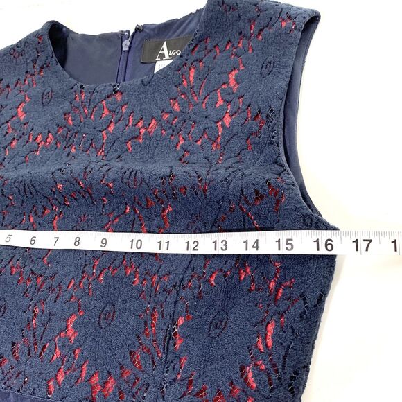 Algo Dress Dress Navy Blue Red Lace Overlay Sleeveless Wool Silk Blend Size P - Picture 12 of 16